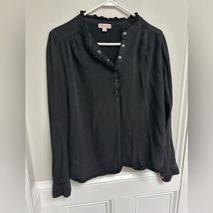 Knox Rose Black Puff Sleeve Blouse with Ruffled Mandarin Collar